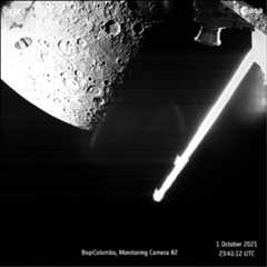 Figure 25: The joint European-Japanese BepiColombo mission captured this view of Mercury on 1 October 2021 as the spacecraft flew past the planet for a gravity assist maneuver. The image was taken at 23:41:12 UTC by the Mercury Transfer Module's Monitoring Camera 2 when the spacecraft was 1410 km from Mercury. Closest approach of 199 km took place shortly before, at 23:34:41 UTC on 1 October. This image is one of the closest acquired during the flyby. The cameras provide black-and-white snapshots in 1024 x 1024 pixel resolution. The magnetometer boom of the Mercury Planetary Orbiter and part of the body of the spacecraft are also visible in the image. Close to the edge of the image is the 342 km Raphael crater, which has smaller, younger craters on its floor. Nearby, the Flaubert crater has a cluster of central peaks rather than the single central peak typical of somewhat smaller craters. Central peaks are a result of ‘elastic rebound' of the target area when hit by a high-speed impactor. Data from BepiColombo's orbital tour of Mercury will enable us to better understand impact cratering (image credit: ESA/BepiColombo/MTM, CC BY-SA 3.0 IGO)