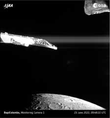 Figure 17: Sunrise and shadows. The joint European-Japanese BepiColombo mission captured this view of Mercury on 23 June 2023 as the spacecraft flew past the planet for its second of six gravity assist manoeuvres at Mercury. This image was taken at 09:48:22 UTC by the Mercury Transfer Module's Monitoring Camera 1 (MCAM-1) when the spacecraft was 680 km from Mercury, the first image capturing the illuminated surface of Mercury during the flyby. Closest approach of 200 km took place shortly before, at 09:44 UTC (image credit: ESA/BepiColombo/MTM, CC BY-SA 3.0 IGO)