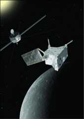 Figure 4: Artist's view of the BepiColombo spacecraft MPO (ESA, foreground) and MMO (JAXA, background) at Mercury (image credit: ESA/ATG medialab. The Mercury image was taken by NASA's Messenger spacecraft, image credit: NASA, JHU/APL, and Carnegie Institution) 17)