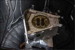 Figure 145: The MTM is seen here stacked on a replica interface to mimic the science orbiters that it will be attached to during launch and the 7.2 year journey to Mercury. The four ion thrusters are seen on the top of module in this orientation. Not present in this test, the module will also be equipped with two solar wings that will unfold to a span of 30 m (image credit: ESA, C. Carreau, CC BY-SA 3.0 IGO)