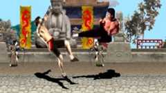 Mortal Kombat characters fighting in battle with statues behind them.