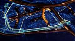 A stylized digital map of a city in dark colors with various routes and infrastructure glowing