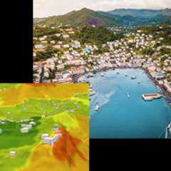 An elevation map where geospatial artificial intelligence tools have identified buildings endangered by landslides, against a backdrop of an island port with green mountains