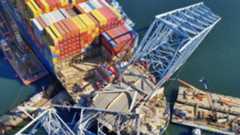 Photo of an aerial view of the Key Bridge wreckage before 50,000 tons of debris were removed, provided by Alejandro Rivera courtesy of the US Coast Guard