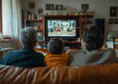 FAMIGLIA DAVANTI ALLA TV DIVANO SALOTTO CASA TELEVISORE TELEVISIONE FAMIGLIARI GENERATE AI IA