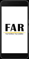 Black bordered smart phone with FAR app logo and slogan on screen.