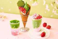 辻利“春色グラデ”抹茶さくらソーダ＆いちごたっぷり春色抹茶パフェ
