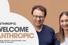 A man and a woman smiling, with ANTHROPIC WELCOME ANTHROPIC text and Building reliable, interpretable, and steerable AI systems. below it, set against a brown and white background.