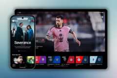 An iPhone and iPad displaying the Apple TV+ app. The iPhone shows the Severance series, while the iPad shows a live soccer match with Lionel Messi.