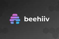 The Beehiiv logo, featuring a stylized beehive icon with a purple and blue gradient, next to the word beehiiv in white text, all set against a dark gray background with subtle hexagonal patterns.