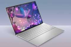 A silver laptop with a vibrant, colorful image of a dragonfly on its screen, set against a professional flat design background with soft patterns and gradients.