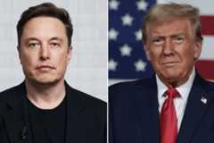 A split image showing Elon Musk on the left and Donald Trump on the right, both looking forward.