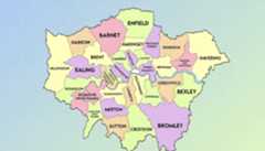 A map of Londons boroughs in a 16:9 aspect ratio, with a professional flat design background featuring soft patterns and gradients.