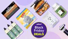 An assortment of household products, including Duracell batteries, Glad ForceFlex trash bags, Mrs. Meyers dish soap, a Yankee Candle, a power strip, a food container, and a can opener, arranged around a purple circle with yahoo! Black Friday DEALS written on it, all set against a light purple background.