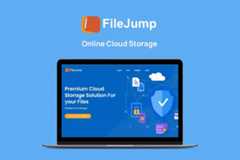 A laptop displaying the FileJump online cloud storage website, with the FileJump logo and Online Cloud Storage text above it, all set against a blue background.