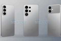 Three silver Samsung smartphones are displayed against a professional flat design background with soft patterns and gradients.