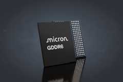 A Micron GDDR6 memory chip with a professional flat design background featuring soft patterns and gradients.