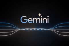 The Gemini logo, featuring the word Gemini in a light blue to white gradient, with a four-pointed star replacing the dot over the i. Below the logo, several thin, glowing lines in shades of blue, white, and pink curve inwards from both sides, meeting in a braided pattern at the center, all against a dark background.