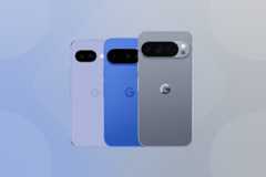 Three Google Pixel phones in purple, blue, and gray, arranged side-by-side on a light blue background with subtle geometric patterns.