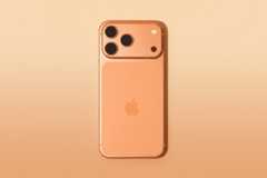 A peach-colored smartphone with three camera lenses and an Apple logo on the back, presented on a peach background with a subtle gradient.