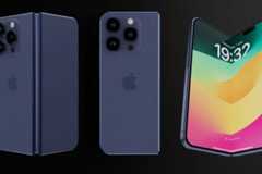 A 16:9 aspect ratio image showcasing three views of a dark blue foldable iPhone concept against a black background. The left shows the phone folded, the middle shows the back, and the right shows the phone partially unfolded displaying a colorful screen.