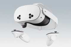 A white virtual reality headset with two white controllers, presented on a professional light gray background with subtle geometric patterns.