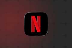 The Netflix app icon, featuring a red N on a black rounded square, set against a professional 16:9 background with a subtle red and black gradient and soft grid pattern.