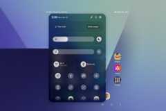 A smartphone screen displaying the quick settings panel with various toggles for Wi-Fi, Bluetooth, and other functions, overlaid on a home screen with app icons for Amazon, Gallery, and Google.