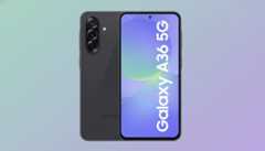 A dark gray Samsung Galaxy A36 5G smartphone is displayed at a 16:9 aspect ratio, with its front and back visible against a professional flat background featuring soft, subtle gradients in shades of light blue and purple.