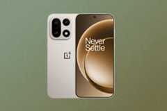 A beige smartphone with a black camera module and a screen displaying Never Settle on a brown and black abstract background. The phone is centered on a professional flat design background with soft green gradients and subtle circular patterns.