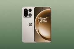 A beige smartphone with a black camera module and a screen displaying Never Settle on a brown and black abstract background, set against a professional green background with a subtle geometric pattern.