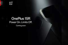 A dark, professional promotional image for the OnePlus 15R phone, featuring two phones subtly lit against a black background, with the text OnePlus 15R Power On. Limits Off. Coming soon and the TOI and OnePlus logos.