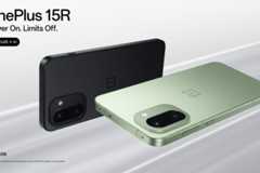 A black and a light green OnePlus 15R smartphone are displayed on a professional background, resized to a 16:9 aspect ratio.