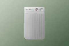 A silver rectangular device with the word PLAUD at the top, a red button, and DUAL ENGINE text, set against a professional green background with subtle hexagonal patterns.