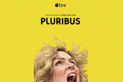 A movie poster for PLUR1BUS on Apple TV+ with a woman screaming at the bottom, resized to a 16:9 aspect ratio.