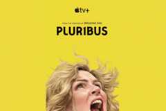 A movie poster for PLURIBUS on Apple TV+, featuring a woman with blonde hair and an open mouth against a yellow background.