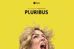 A movie poster for PLUR1BUS on Apple TV+, featuring a woman with blonde hair and an open mouth against a yellow background.