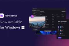 A promotional image for Proton Drive, showing its interface on a desktop with a dark theme. The left side features the Proton Drive logo and text Now available for Windows. The right side displays the Proton Drive application window, showing an Activity tab with a list of files and folders, and a Sync your folders section. A smaller window shows a scenic mountain landscape.