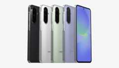 A professional image of five Samsung smartphones in black, white, light green, and light purple, arranged in a row with a 16:9 aspect ratio.