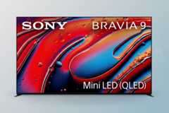 A Sony Bravia 9 Mini LED (QLED) television displayed on a professional light gray background with subtle geometric patterns.