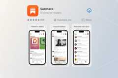 A professional, enhanced image of the Substack apps landing page, showcasing its logo, tagline, ratings, and three phone screens displaying Read next, Great discussions, and Subscriber-only chats features. The background is a clean, professional flat design with soft gradients.