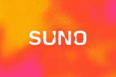 The word SUNO in white, stylized letters against a vibrant, grainy background that transitions from yellow to orange to pink.