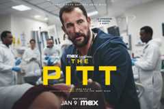 A promotional poster for The Pitt featuring Noah Wyle as a doctor in a hospital setting, resized to a 16:9 aspect ratio.