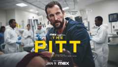 A promotional poster for The Pitt featuring Noah Wyle as a doctor in a hospital setting, resized to a 16:9 aspect ratio.