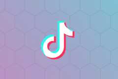 The TikTok logo, a white musical note with cyan and red shadows, centered on a professional background with a soft gradient from purple to blue and a subtle hexagonal pattern.