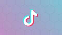 The TikTok logo, a white musical note with cyan and red shadows, centered on a professional background with a soft gradient from purple to blue and a subtle hexagonal pattern.