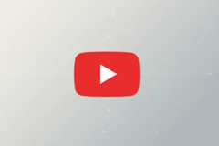 The YouTube logo, a red rectangle with rounded corners and a white play icon in the center, is presented on a professional flat design background with soft gray gradients and subtle geometric patterns.