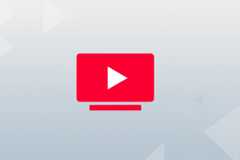 A red YouTube TV icon with a white play button on a professional light gray background with subtle geometric patterns.