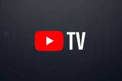 The YouTube TV logo, featuring a red play button icon next to the white text TV, set against a professional dark grey background with subtle geometric patterns.