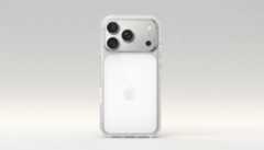 A white iPhone with a clear case, featuring three camera lenses and the Apple logo, set against a professional light gray background with a subtle hexagonal pattern.